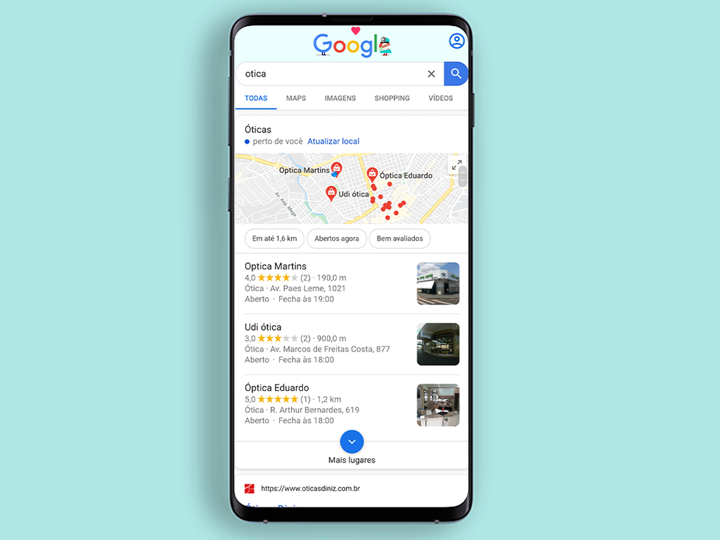 Óticas encontradas pelo Google Meu Negócio