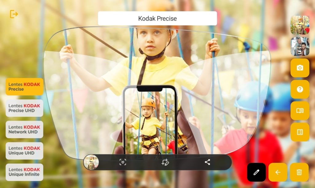 Tela de demonstrativo de lentes mostrando uma criança em um parque vista através de uma lente digital, com comparação de nitidez no centro via tablet.