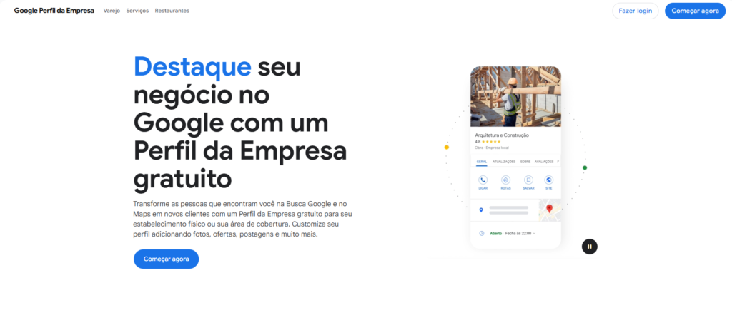 Página do Google Perfil da Empresa destacando a criação de perfil gratuito para óticas aparecerem no Google e no Maps, com botão “Começar agora” e exemplo de perfil comercial exibido na tela.