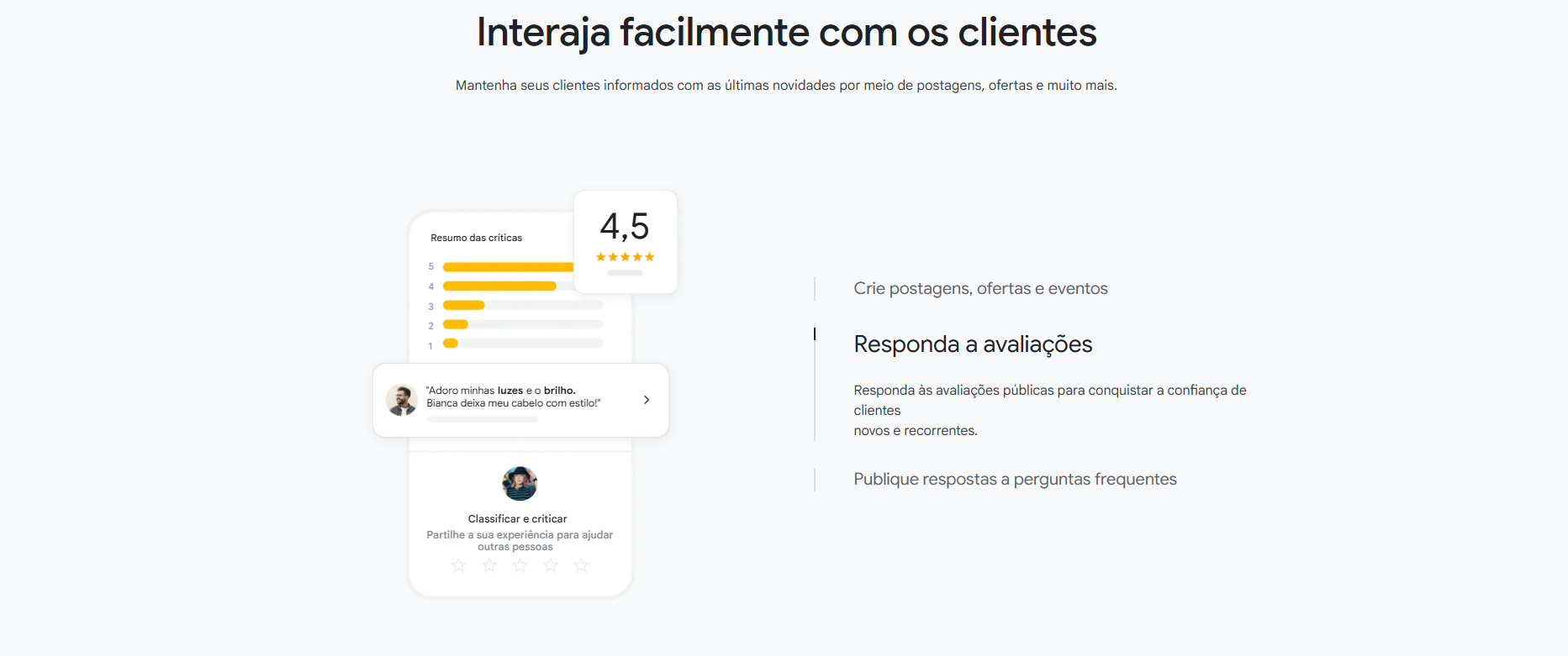 Tela do Google Perfil da Empresa mostrando recursos para óticas interagirem com clientes, com avaliações, respostas a comentários e criação de postagens e ofertas.